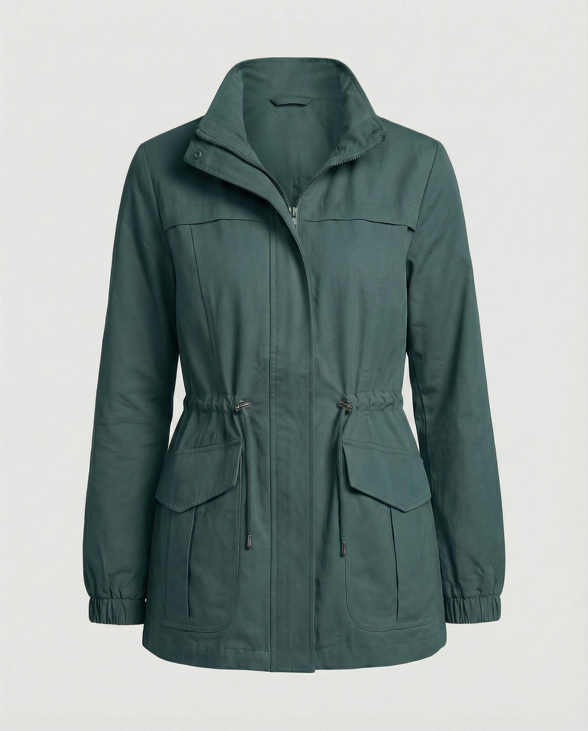 Women's Casual Utility Jacket with Drawstring Waist and Flap Pockets