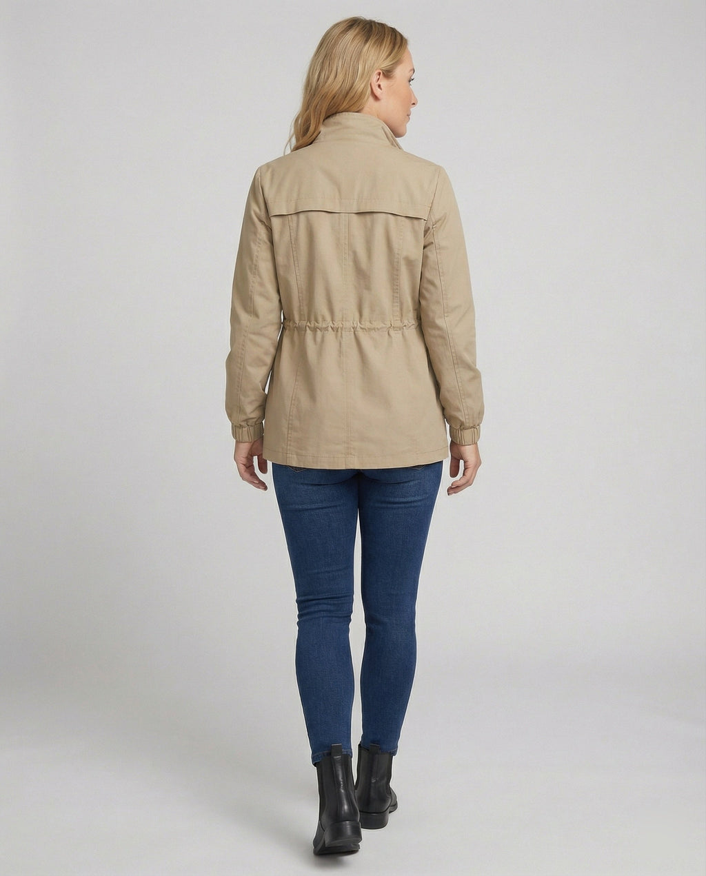 Women's Casual Utility Jacket with Drawstring Waist and Flap Pockets