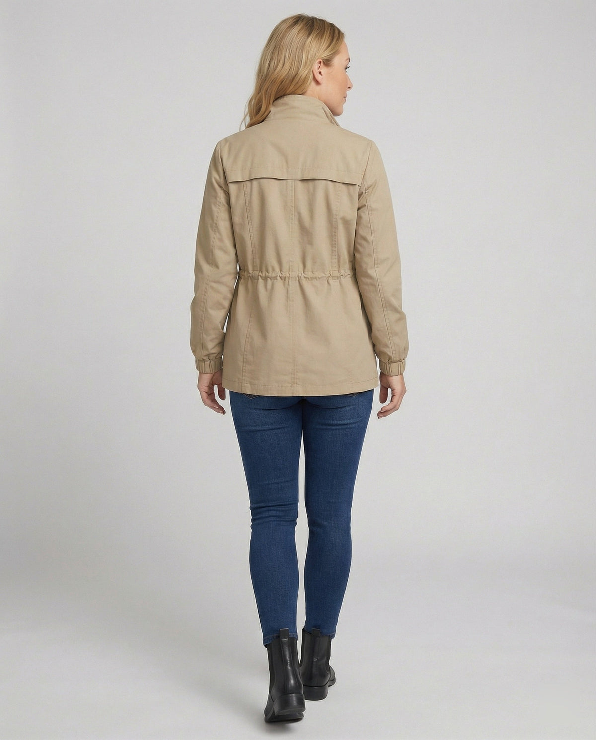 Women's Casual Utility Jacket with Drawstring Waist and Flap Pockets