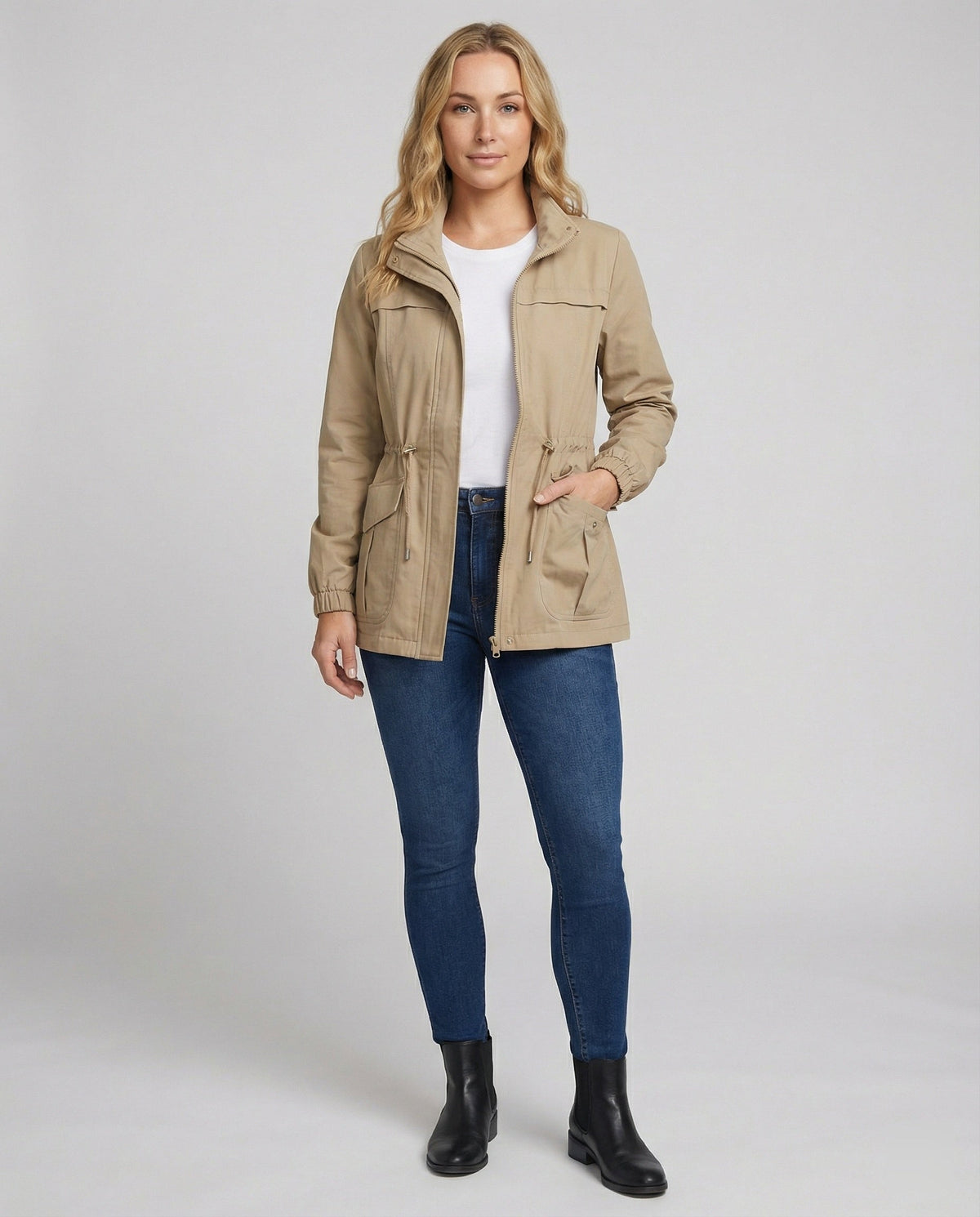 Women's Casual Utility Jacket with Drawstring Waist and Flap Pockets