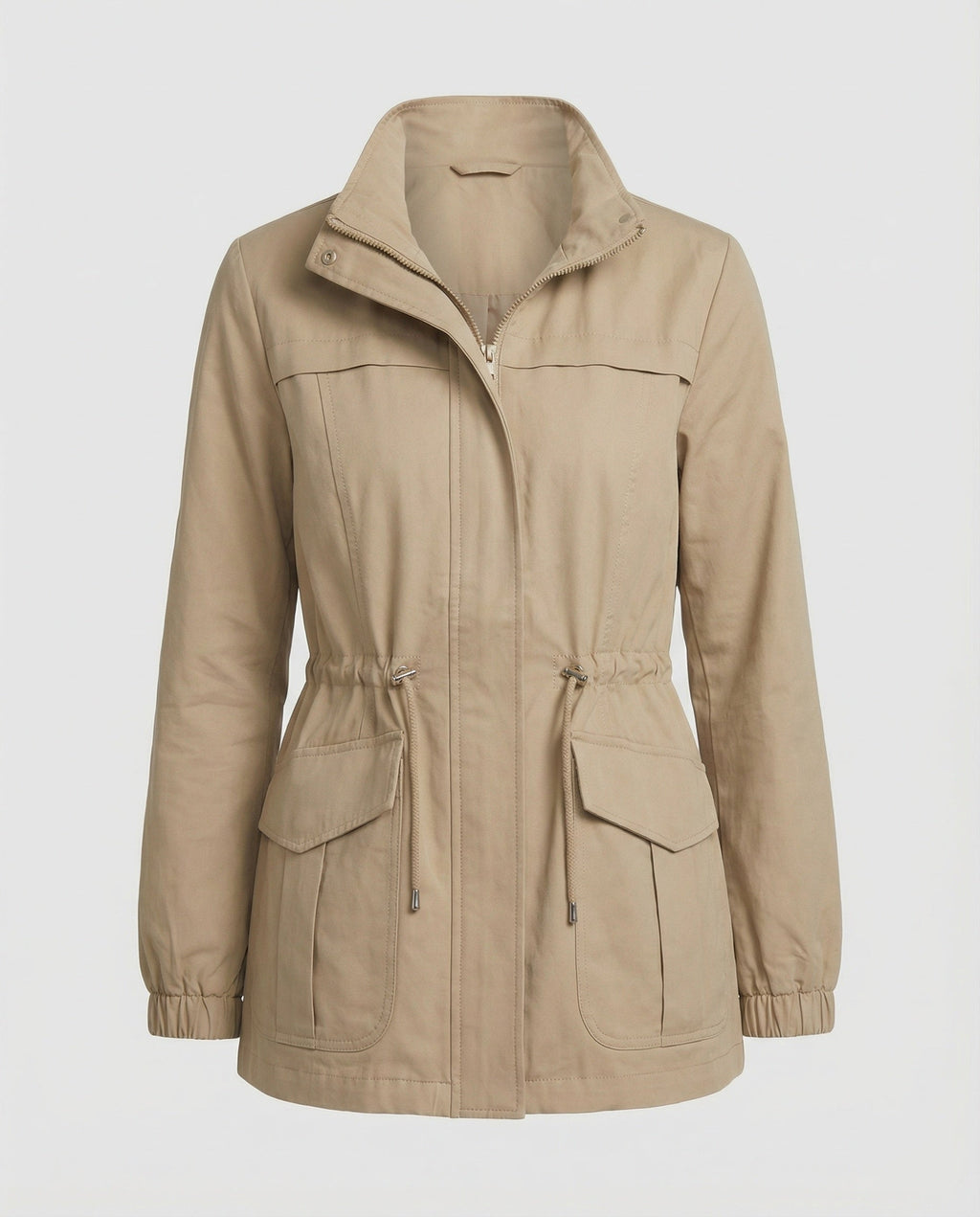 Women's Casual Utility Jacket with Drawstring Waist and Flap Pockets