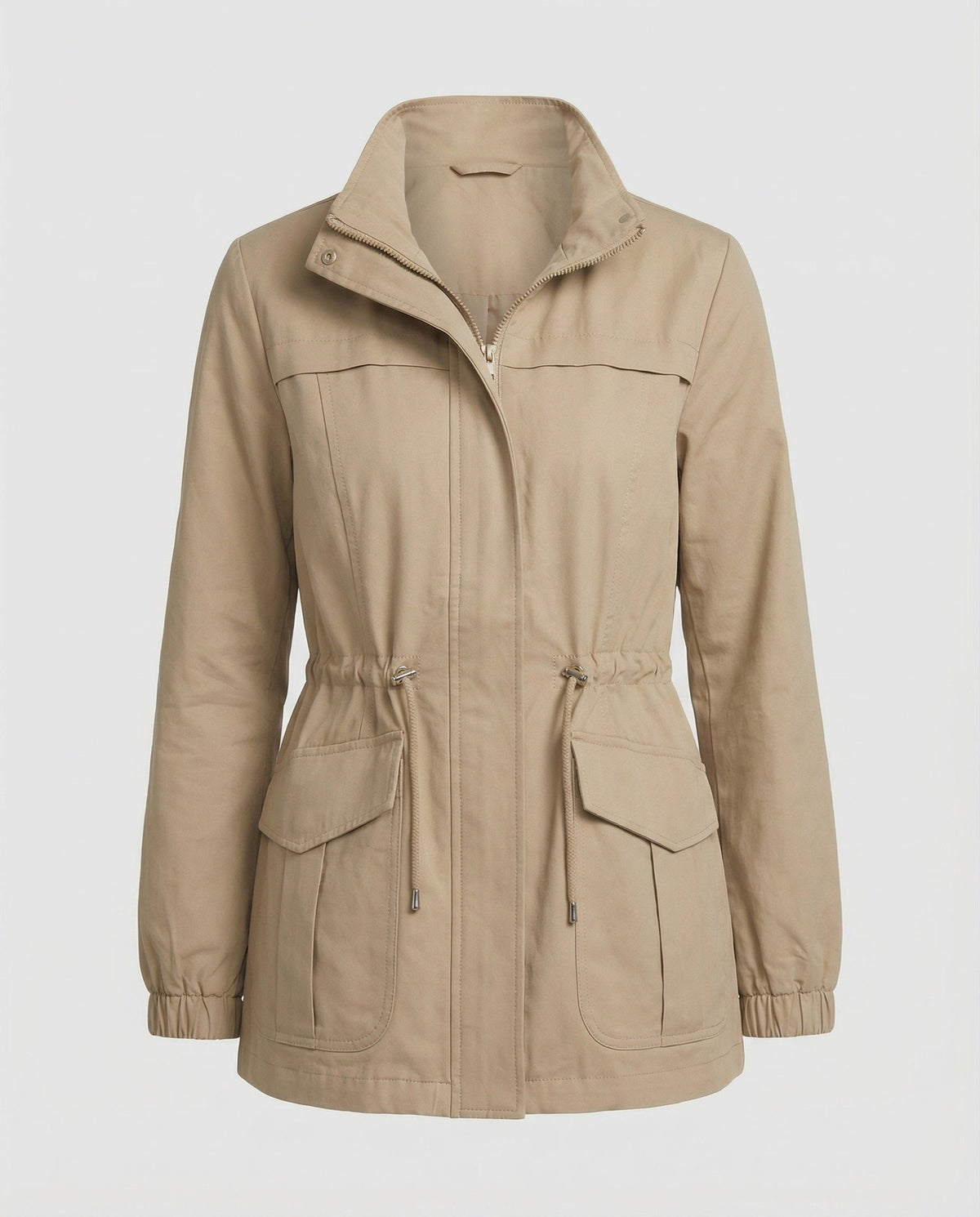 Women's Casual Utility Jacket with Drawstring Waist and Flap Pockets