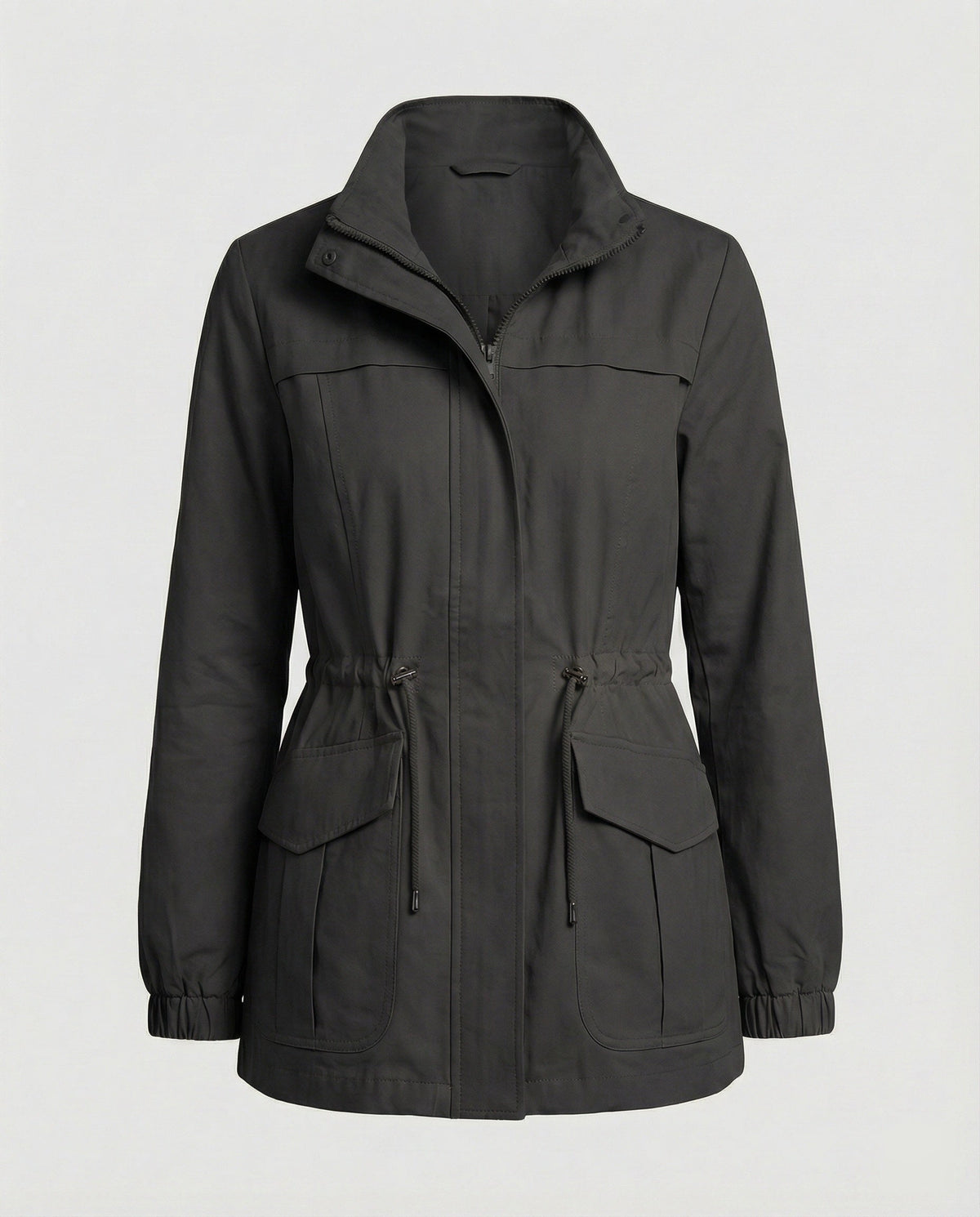 Women's Casual Utility Jacket with Drawstring Waist and Flap Pockets