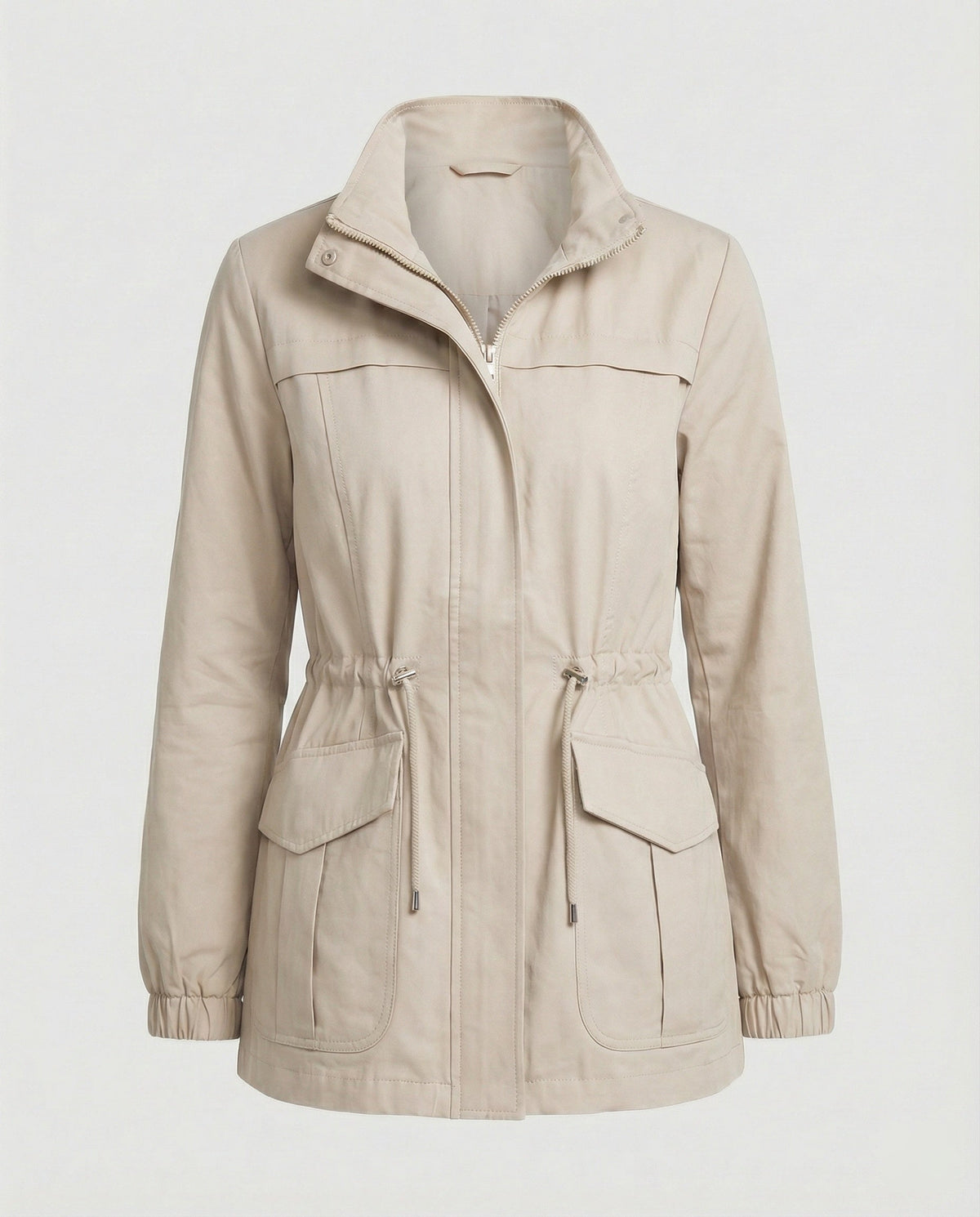 Women's Casual Utility Jacket with Drawstring Waist and Flap Pockets