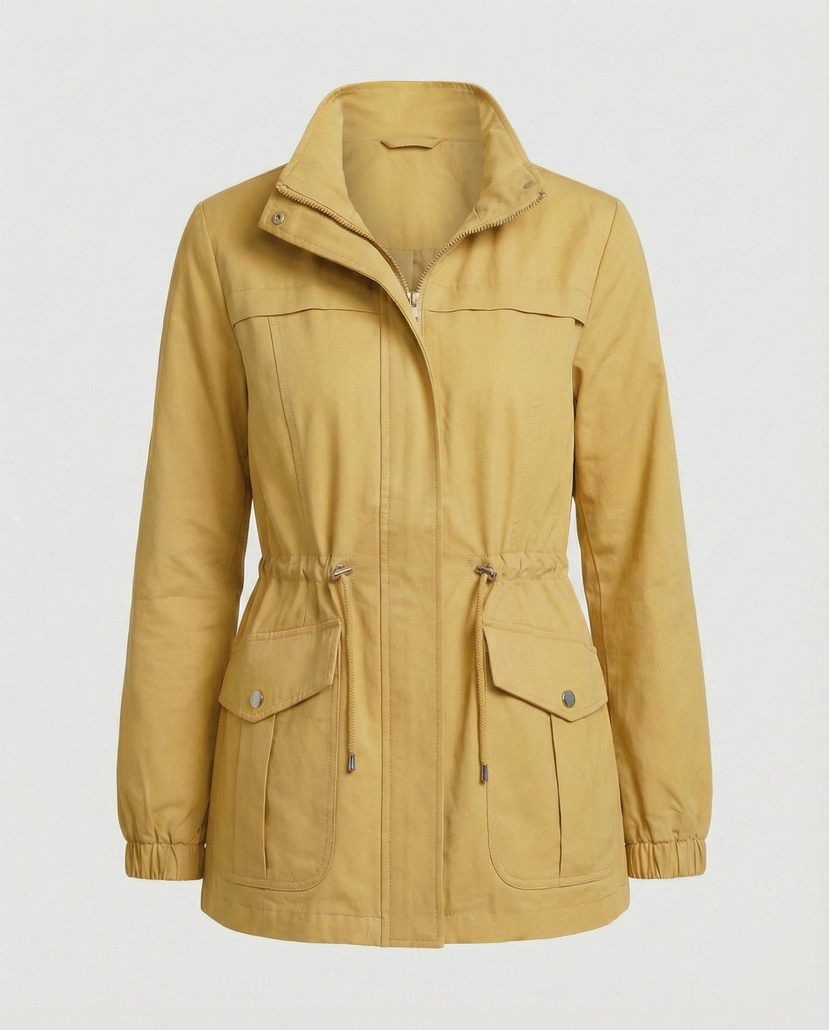 Women's Casual Utility Jacket with Drawstring Waist and Flap Pockets