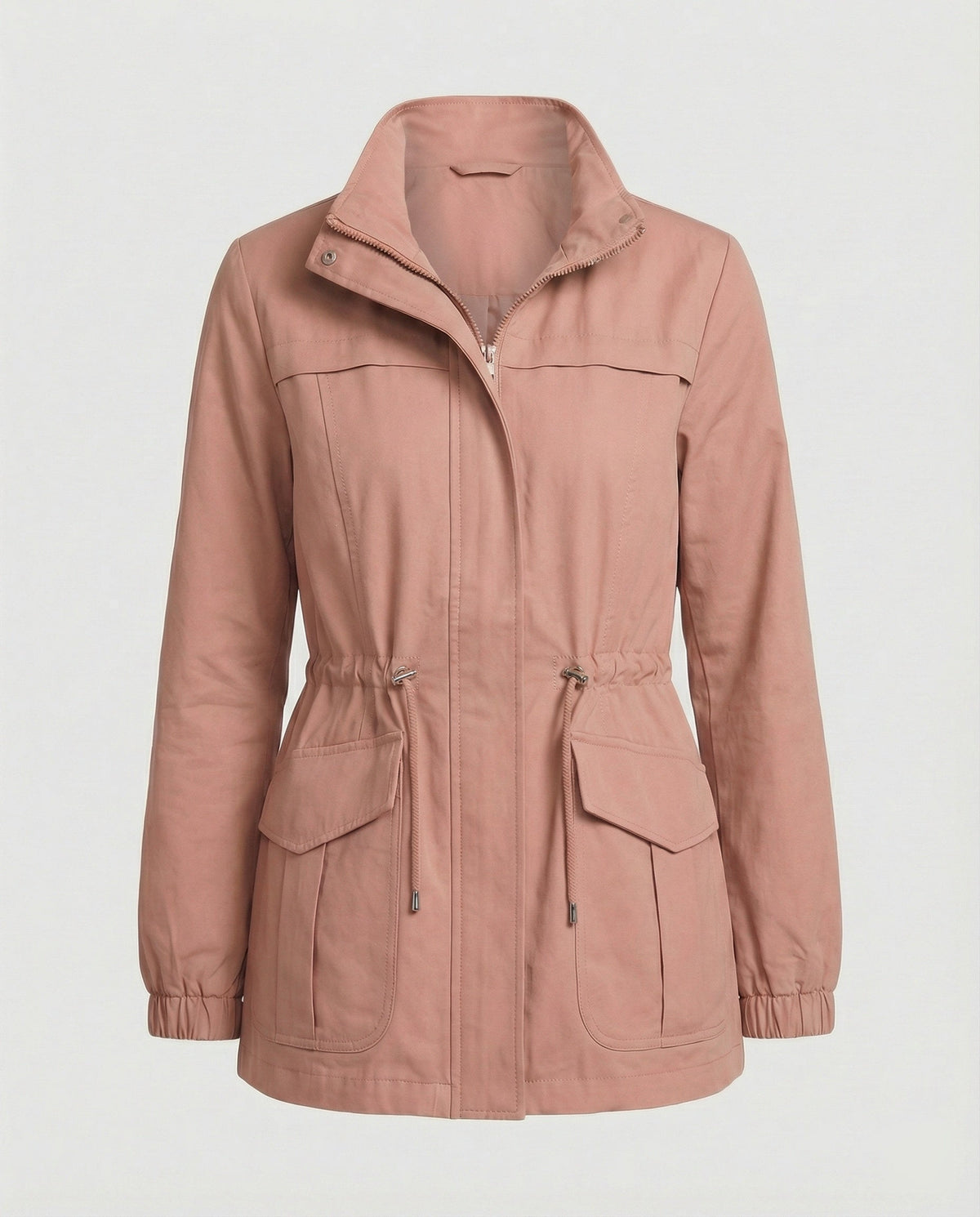 Women's Casual Utility Jacket with Drawstring Waist and Flap Pockets
