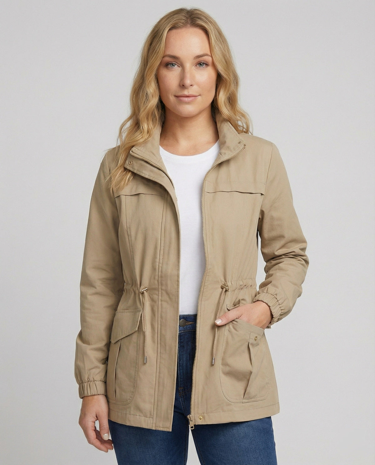 Women's Casual Utility Jacket with Drawstring Waist and Flap Pockets