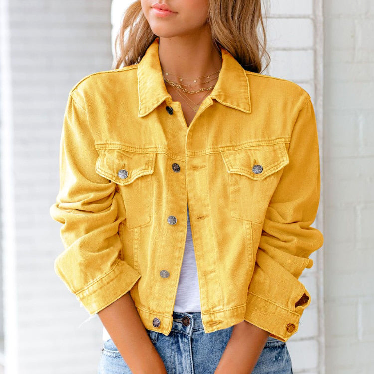 Women's Cropped Relaxed Fit Denim Jacket with Chest Pockets