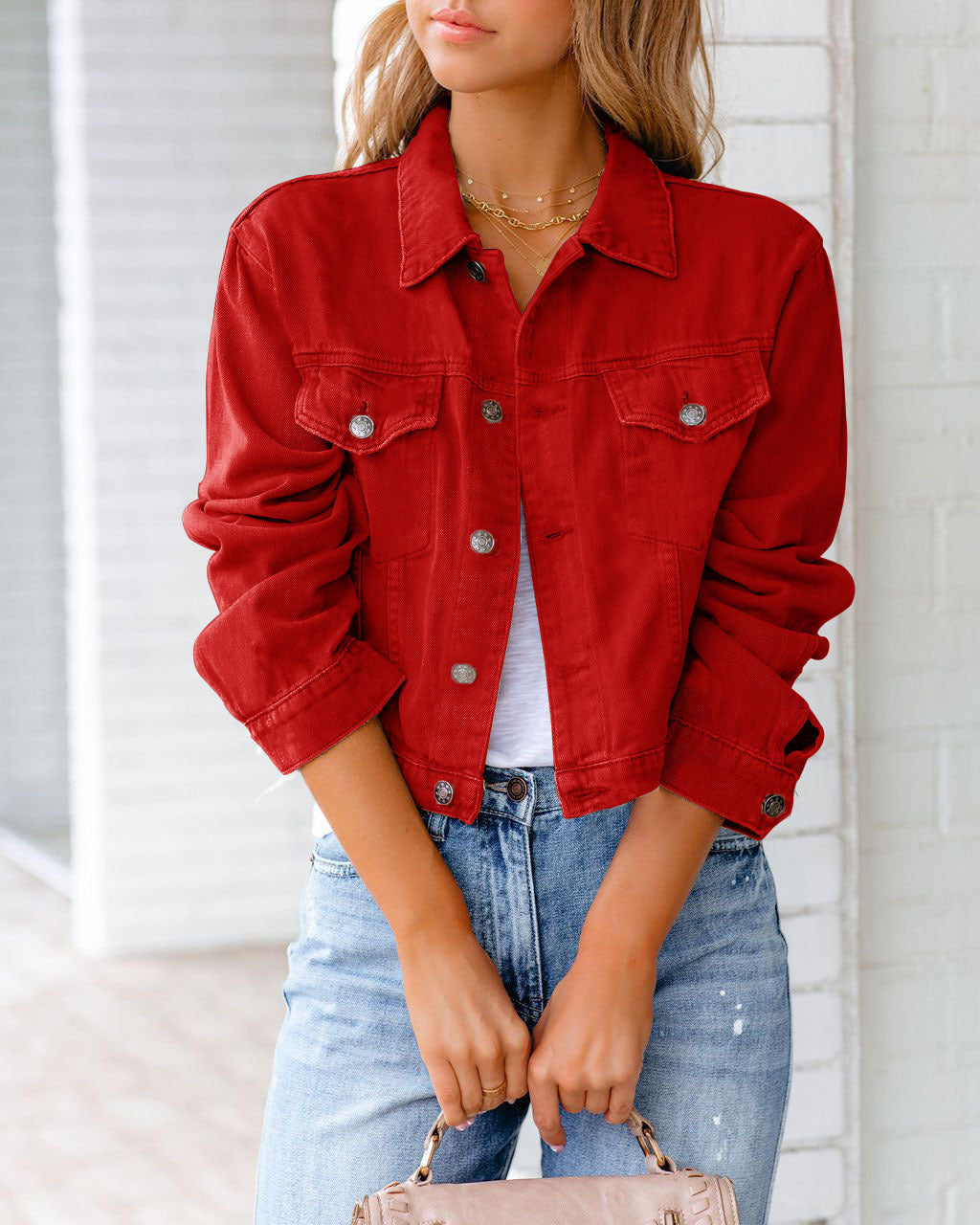 Women's Cropped Relaxed Fit Denim Jacket with Chest Pockets