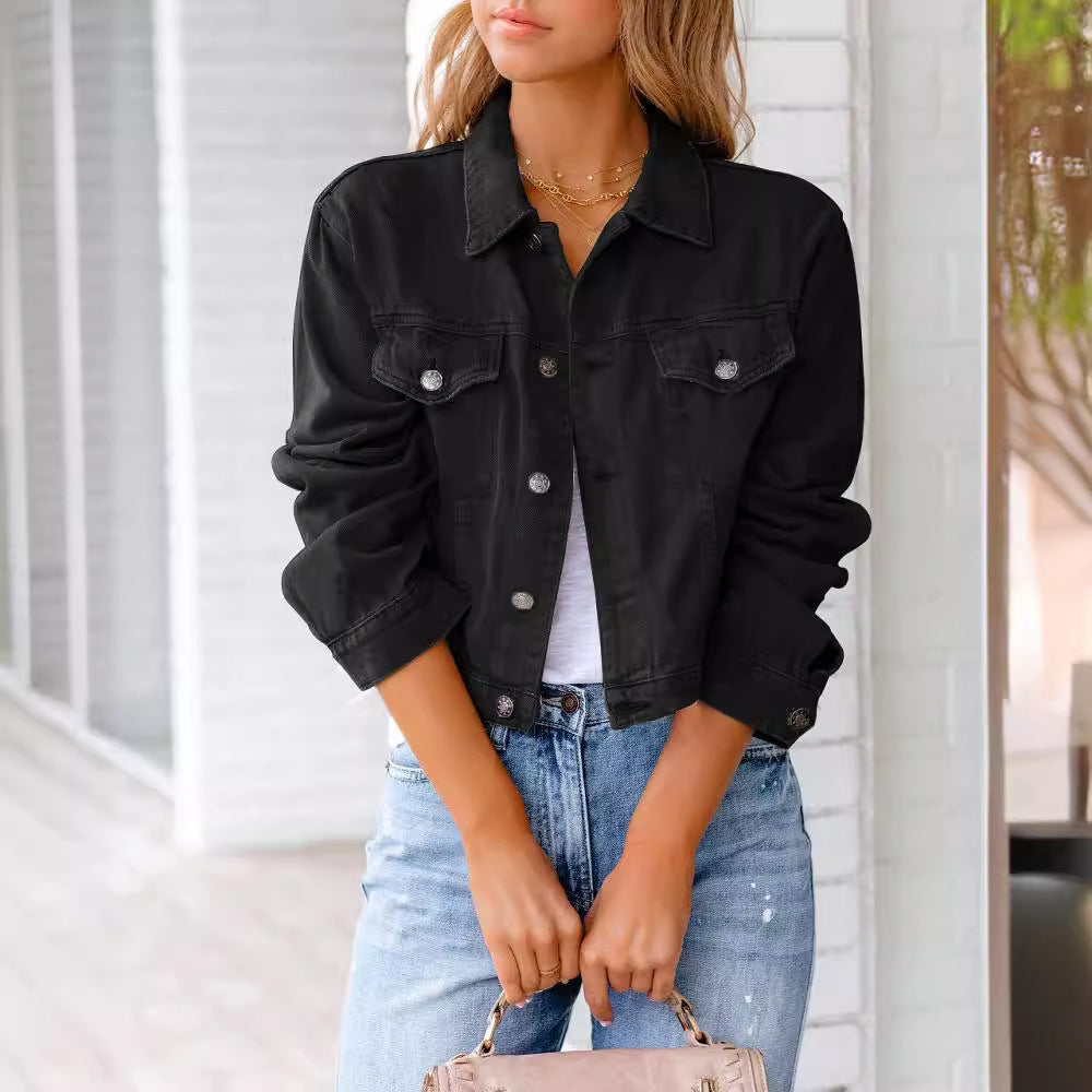 Women's Cropped Relaxed Fit Denim Jacket with Chest Pockets
