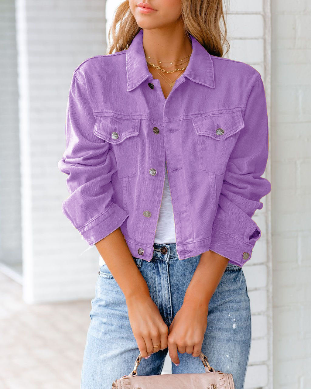 Women's Cropped Relaxed Fit Denim Jacket with Chest Pockets