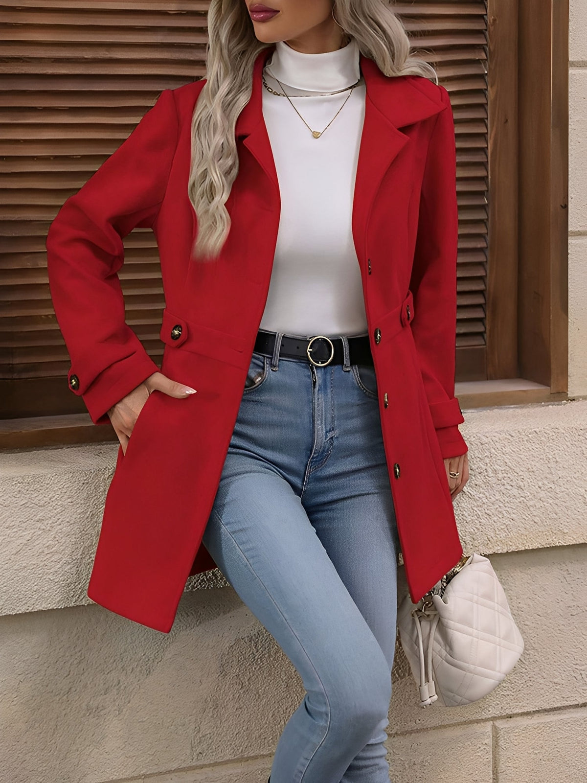 Women's Fitted Double-Breasted Trench Coat with Gold Button Detail