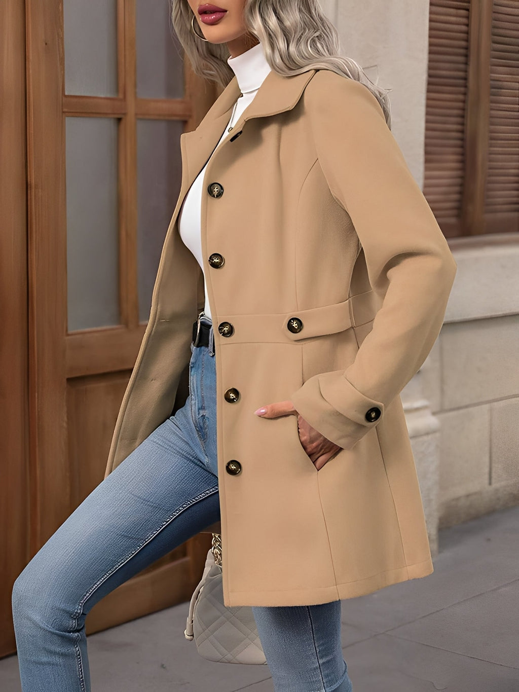 Women's Fitted Double-Breasted Trench Coat with Gold Button Detail