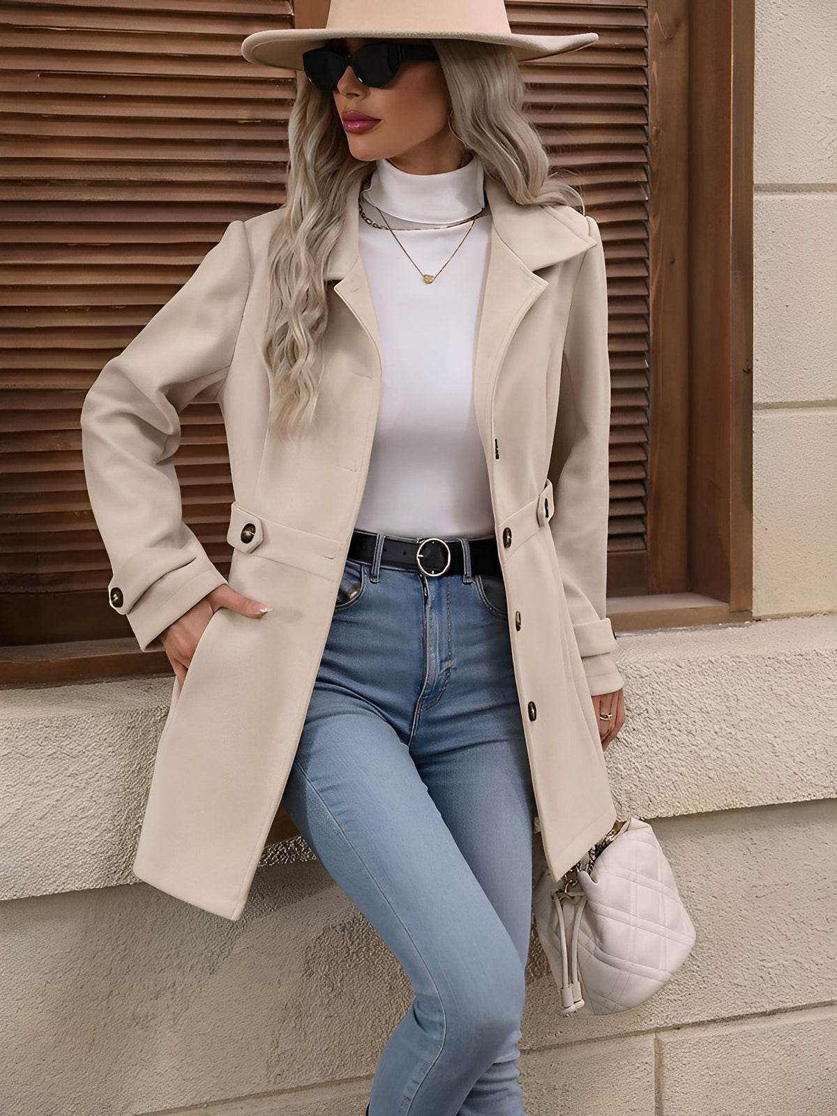 Women's Fitted Double-Breasted Trench Coat with Gold Button Detail