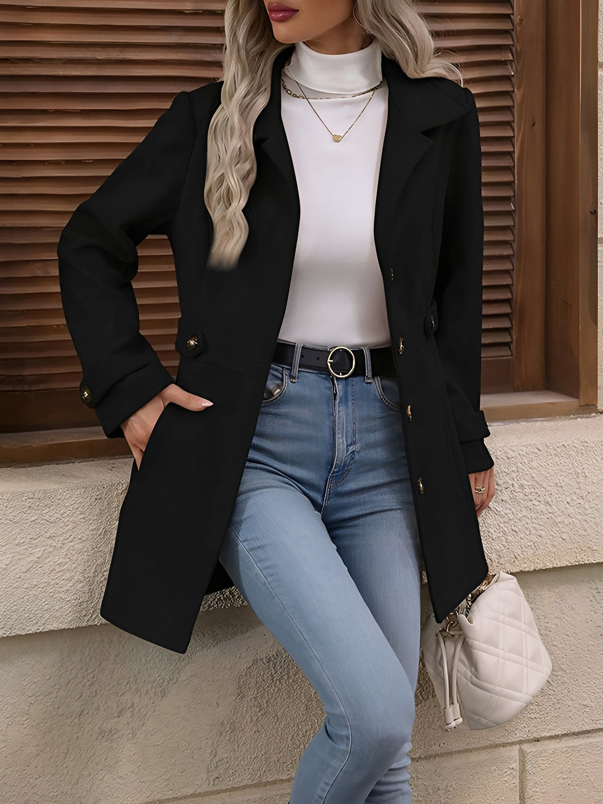 Women's Fitted Double-Breasted Trench Coat with Gold Button Detail