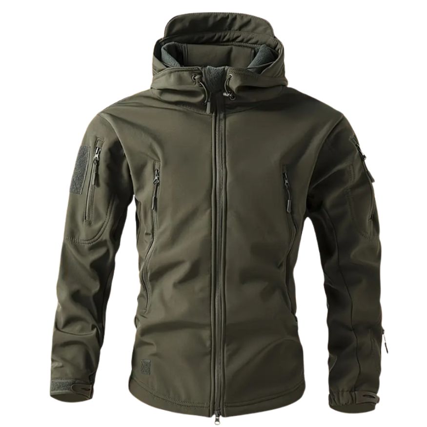 Men's Softshell Jacket with Hood in Green, front view