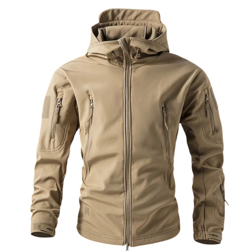 Men's Softshell Jacket with Hood in Khaki, front view