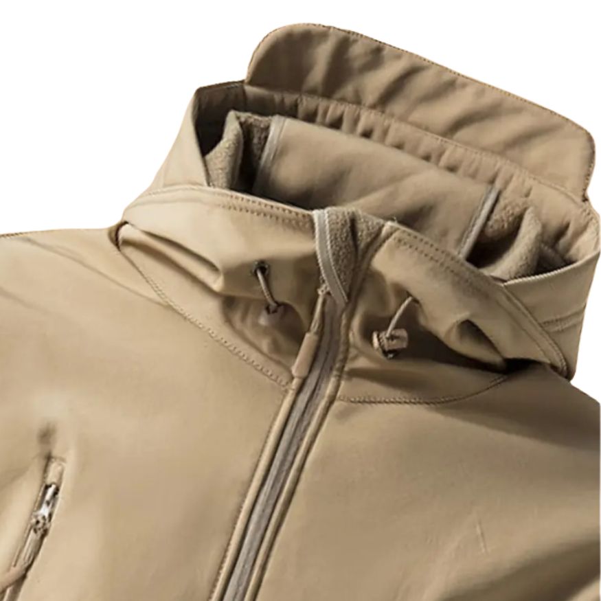 Men's Softshell Jacket with Hood in Khaki, detail view
