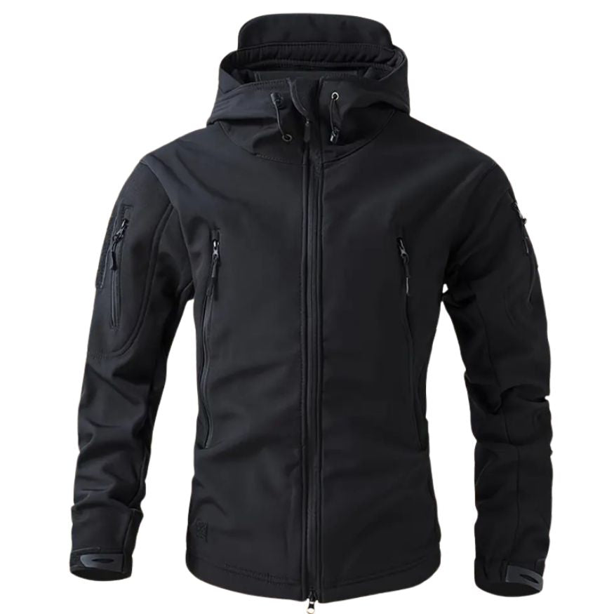 Men's Softshell Jacket with Hood in Black, front view