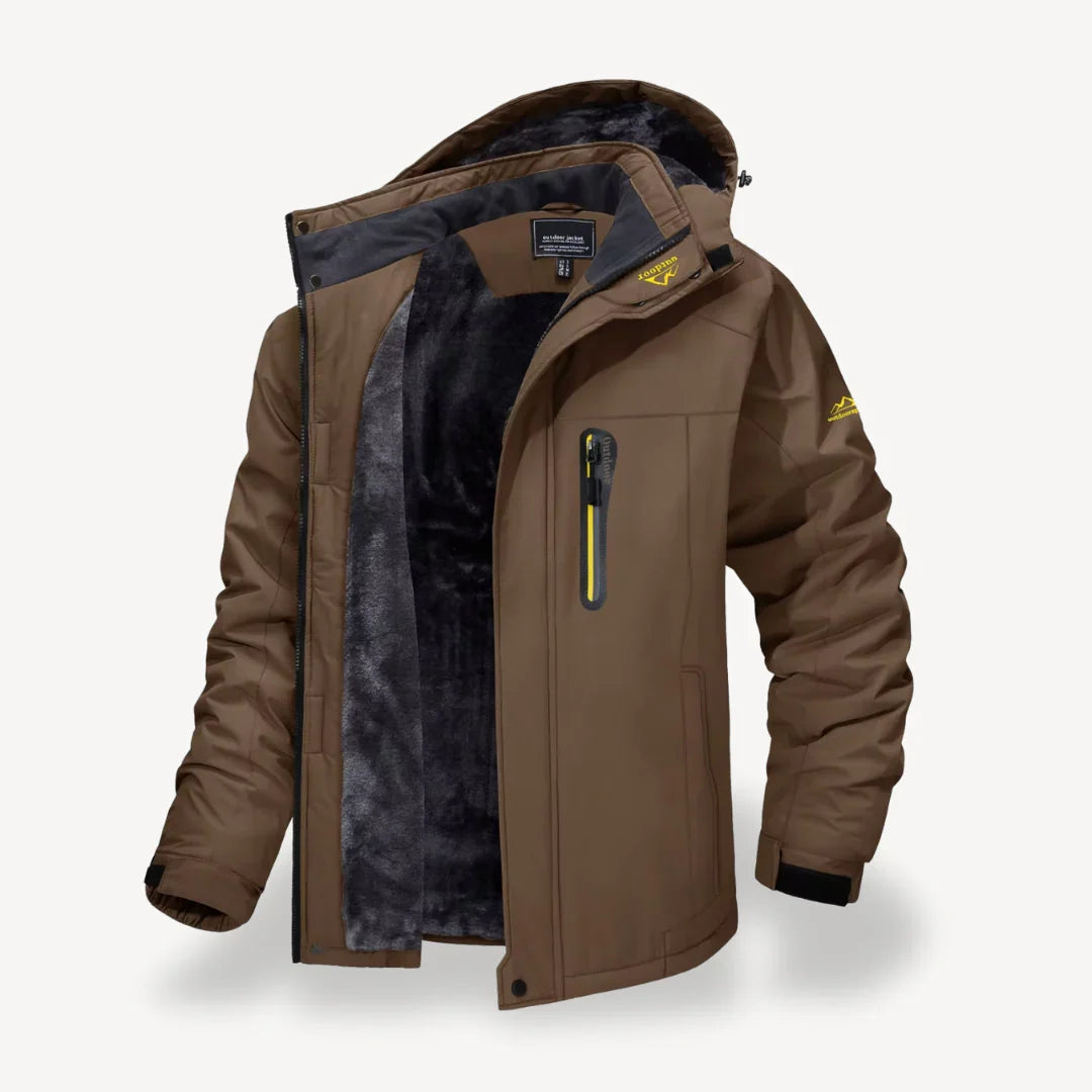 Men's Water-Repellent Winter Jacket with Fleece Lining in Coffee, front view