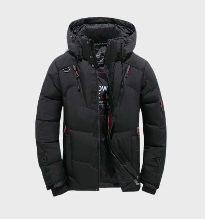 Men's Fleece-Lined Parka with Hood in Black, front view