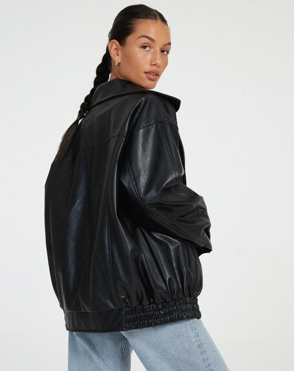 Women's Oversized Faux Leather Bomber Jacket with Zip Front