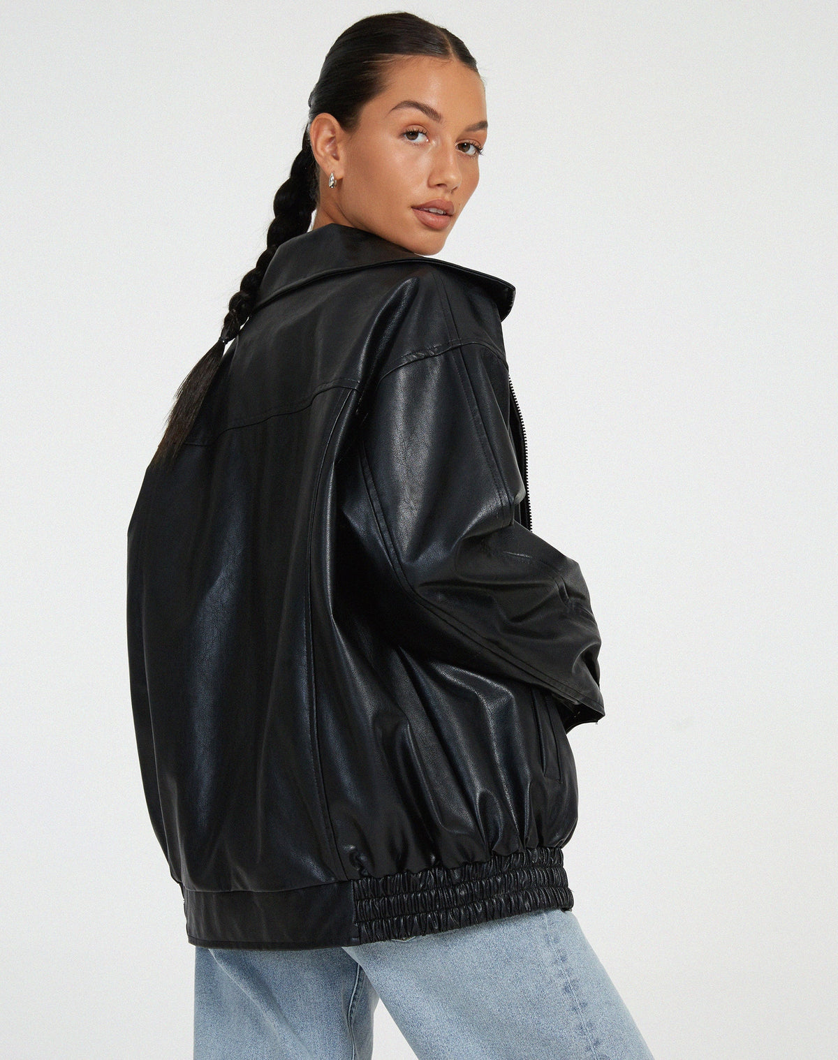Women's Oversized Faux Leather Bomber Jacket with Zip Front