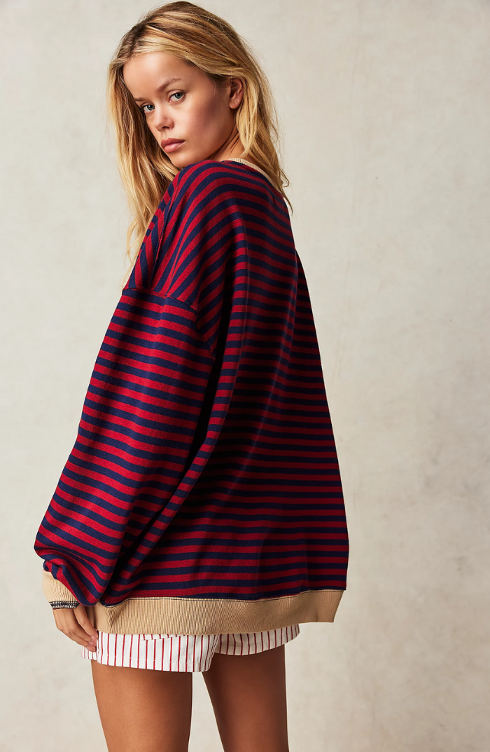Women's Oversized Striped Sweatshirt with Contrast Trim and Drop Shoulders