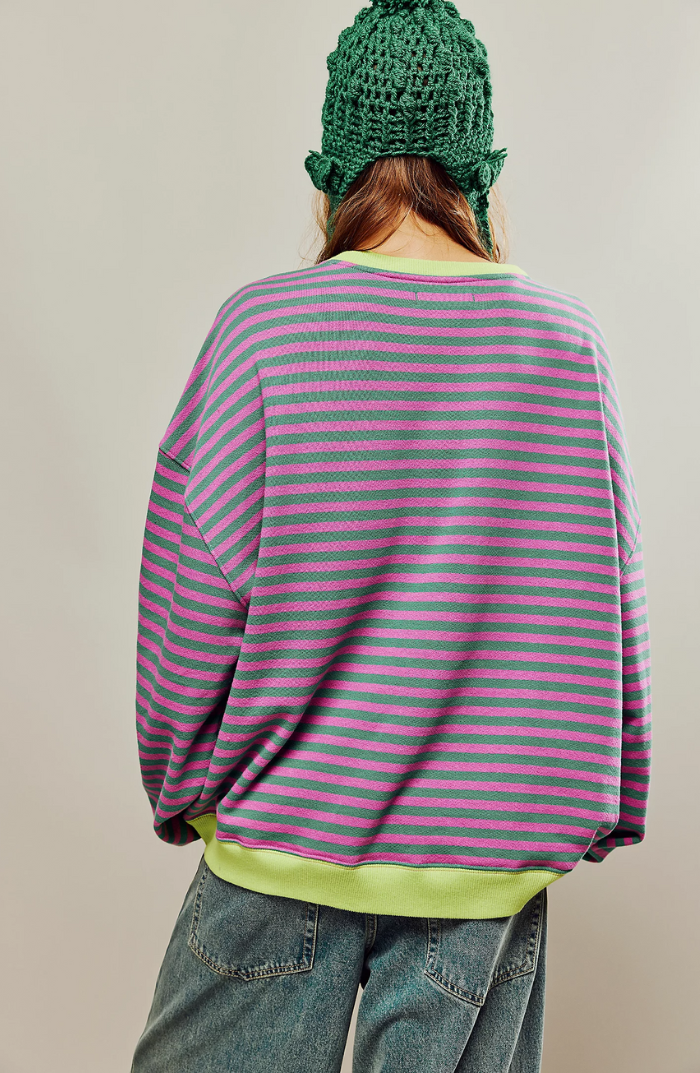 Women's Oversized Striped Sweatshirt with Contrast Trim and Drop Shoulders