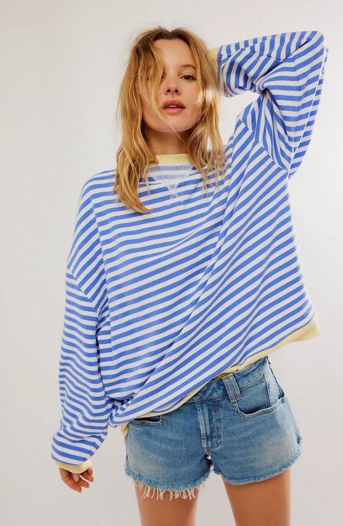 Women's Oversized Striped Sweatshirt with Contrast Trim and Drop Shoulders
