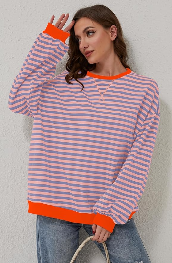 Women's Oversized Striped Sweatshirt with Contrast Trim and Drop Shoulders