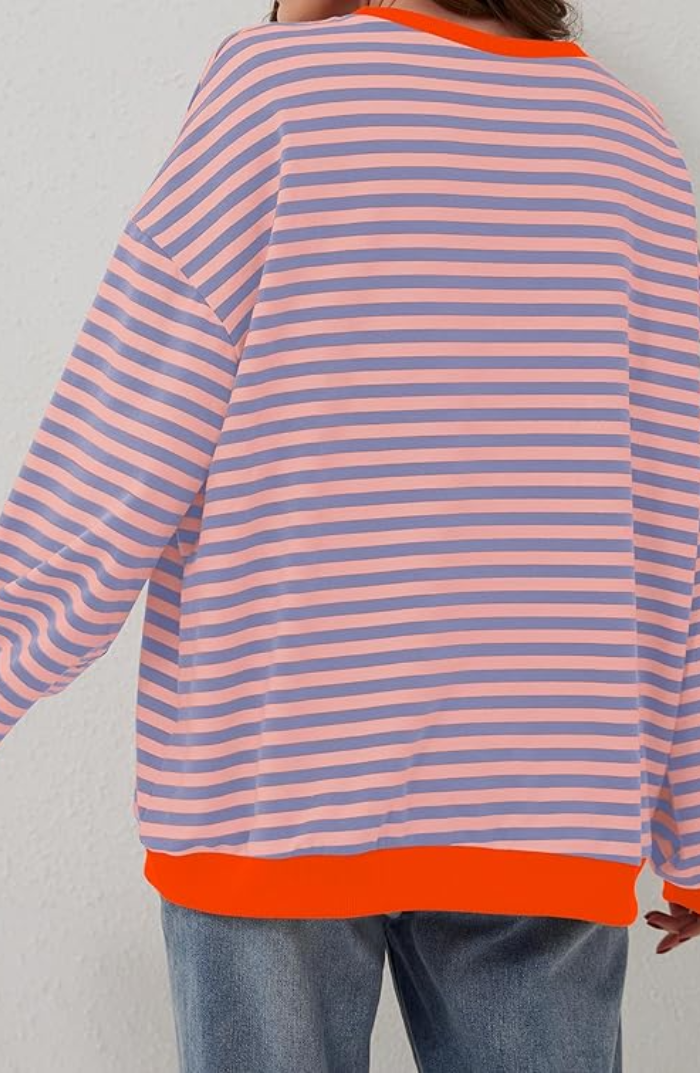 Women's Oversized Striped Sweatshirt with Contrast Trim and Drop Shoulders