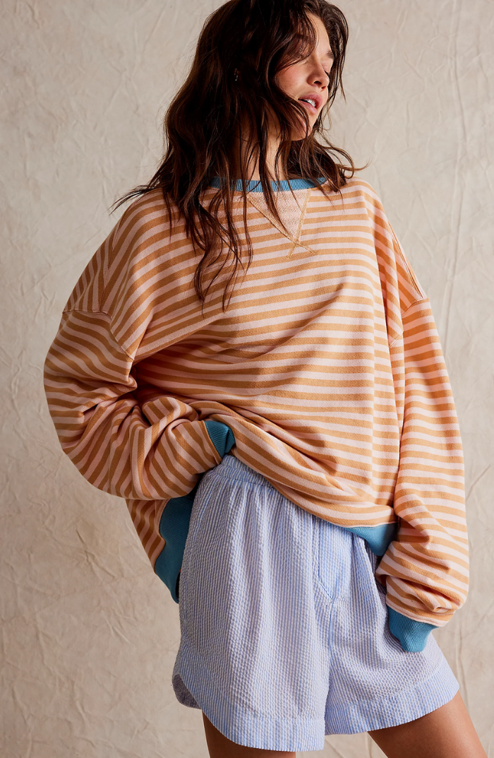 Women's Oversized Striped Sweatshirt with Contrast Trim and Drop Shoulders