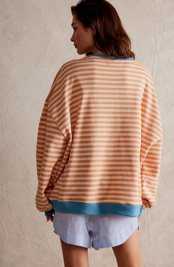 Women's Oversized Striped Sweatshirt with Contrast Trim and Drop Shoulders
