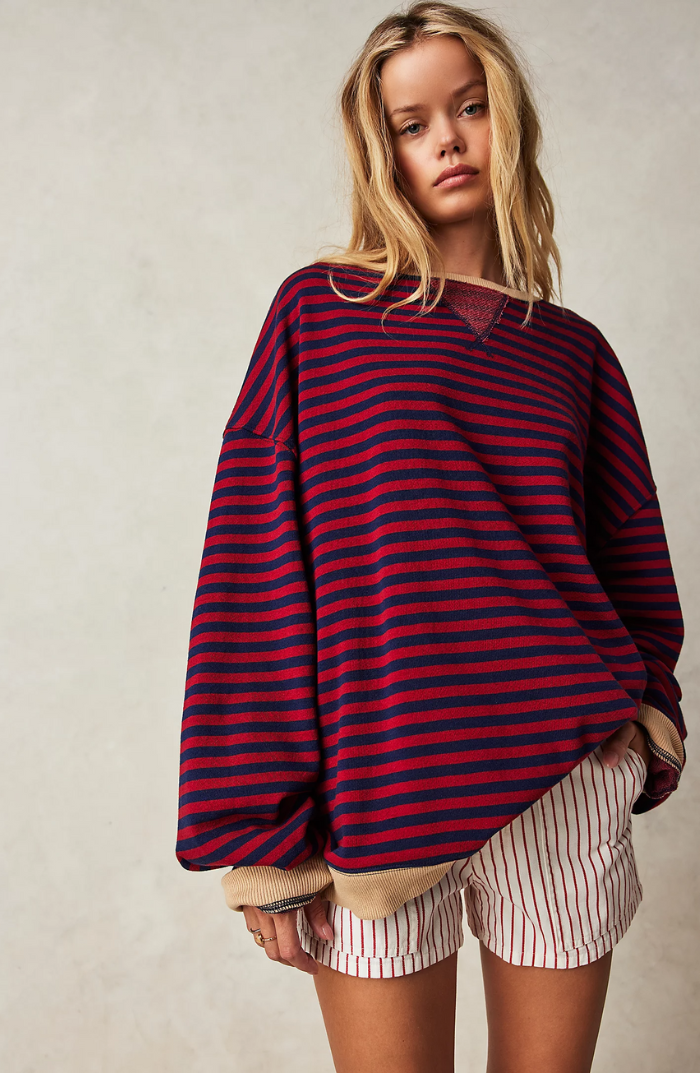 Women's Oversized Striped Sweatshirt with Contrast Trim and Drop Shoulders