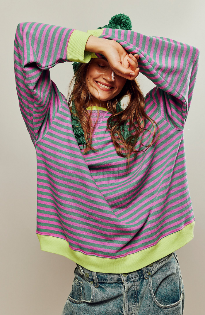 Women's Oversized Striped Sweatshirt with Contrast Trim and Drop Shoulders