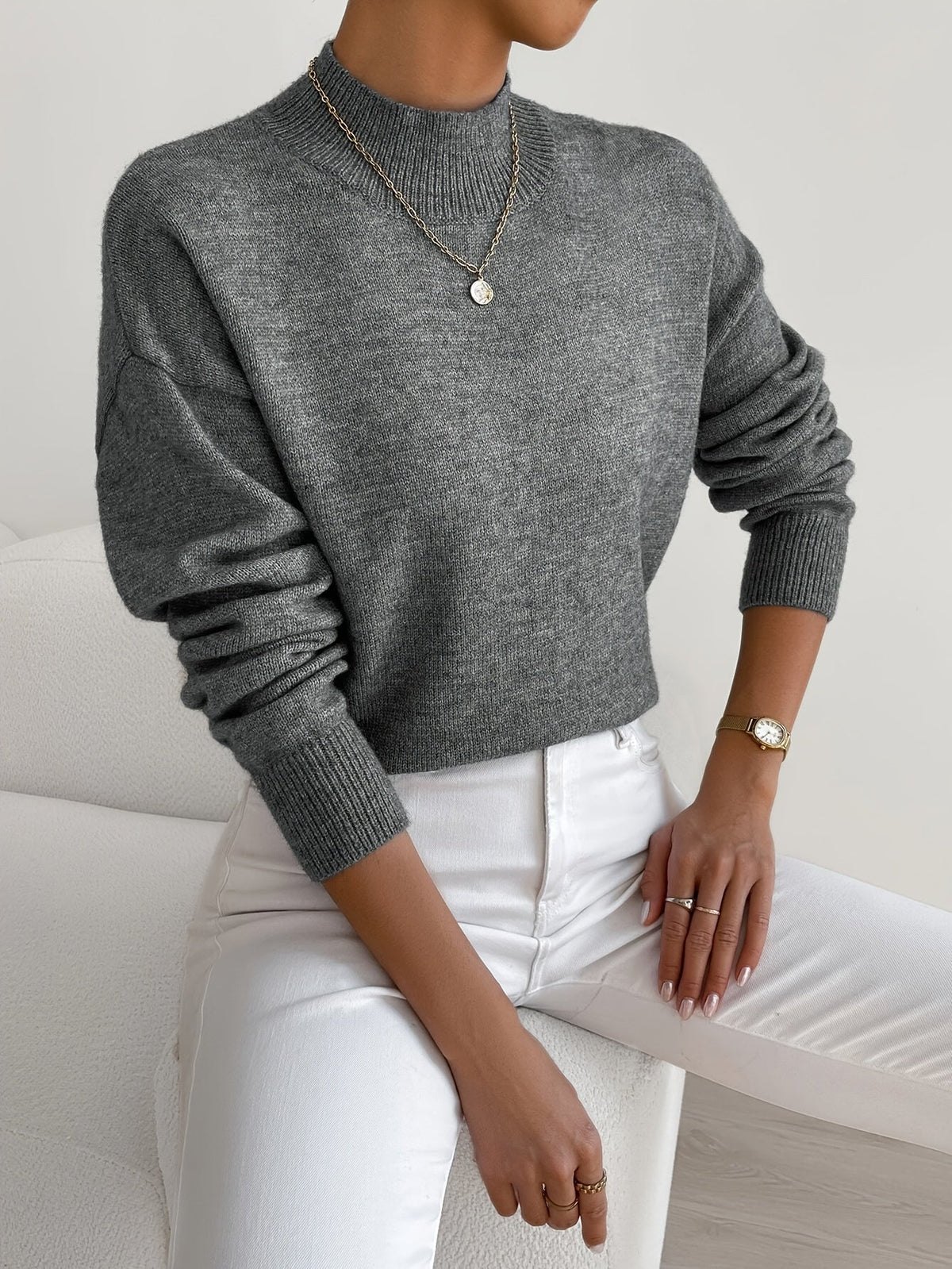 Women's Relaxed Knit Sweater with Mock Neck and Ribbed Cuffs