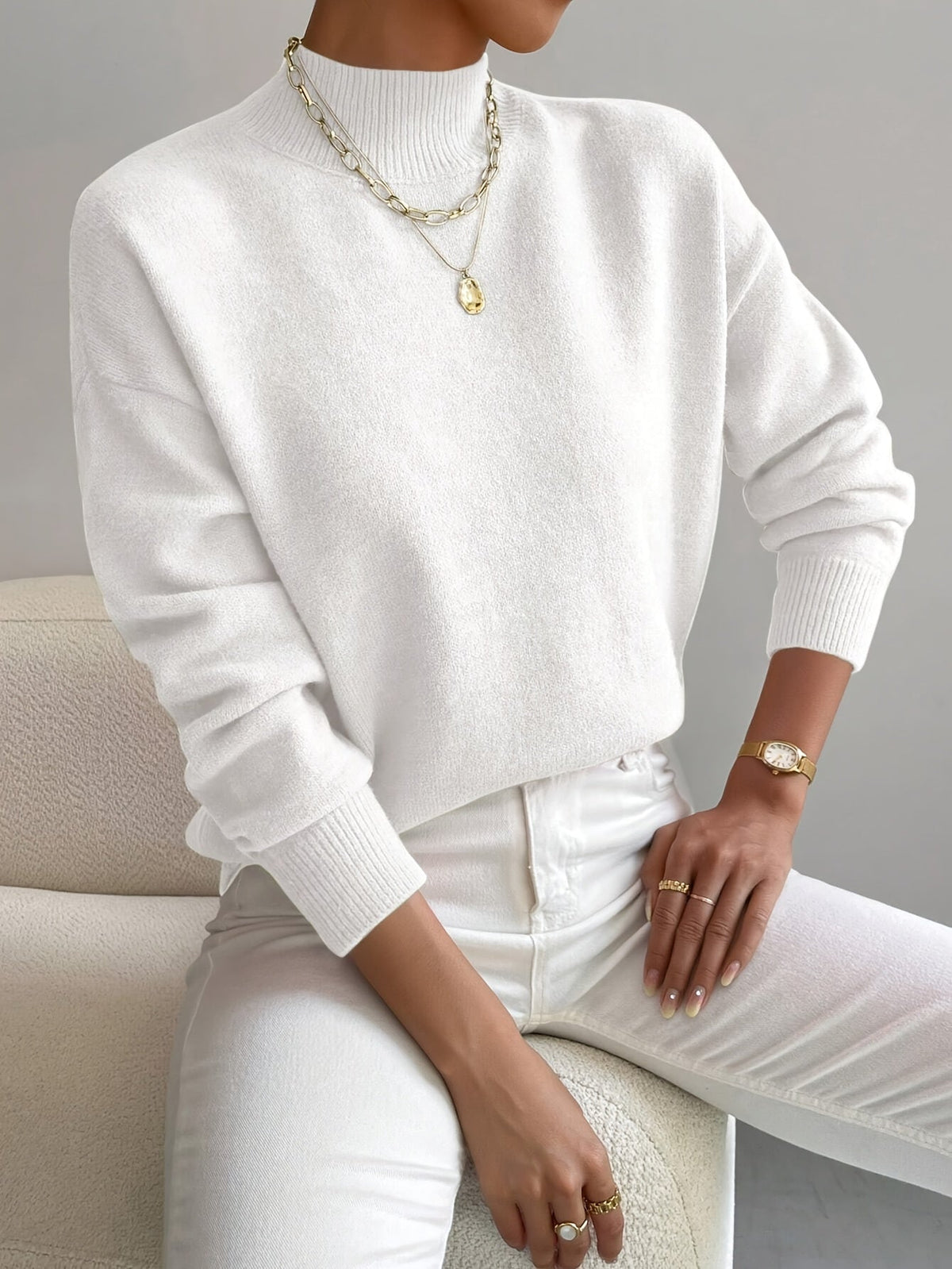 Women's Relaxed Knit Sweater with Mock Neck and Ribbed Cuffs