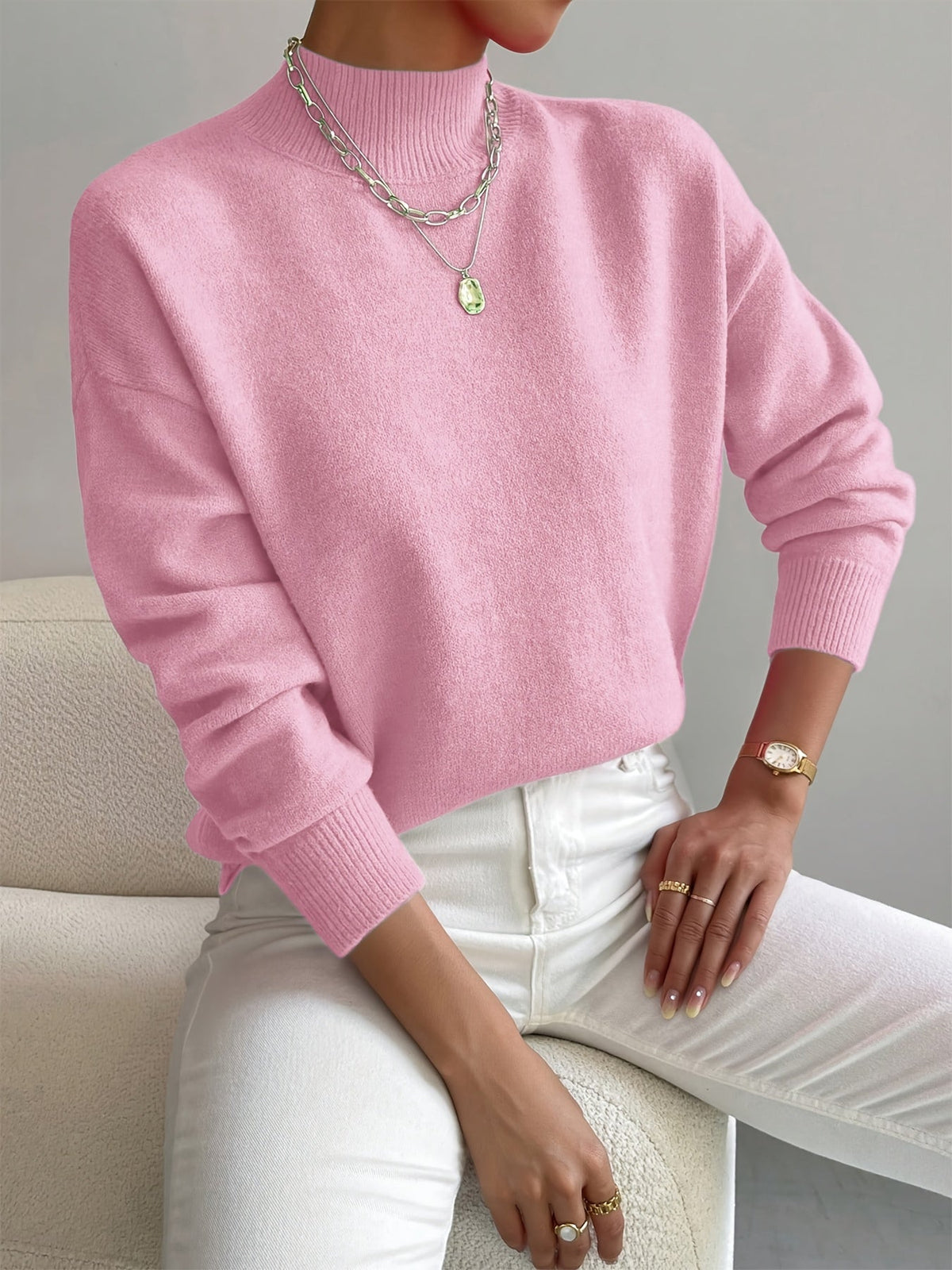 Women's Relaxed Knit Sweater with Mock Neck and Ribbed Cuffs
