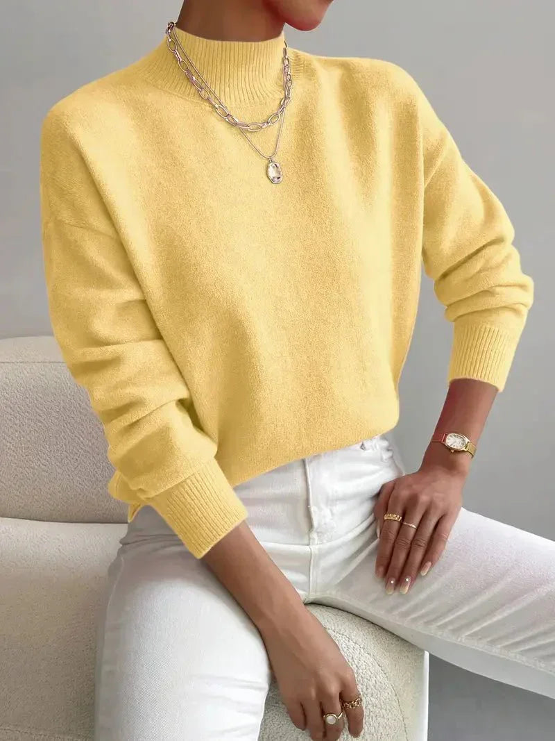 Women's Relaxed Knit Sweater with Mock Neck and Ribbed Cuffs
