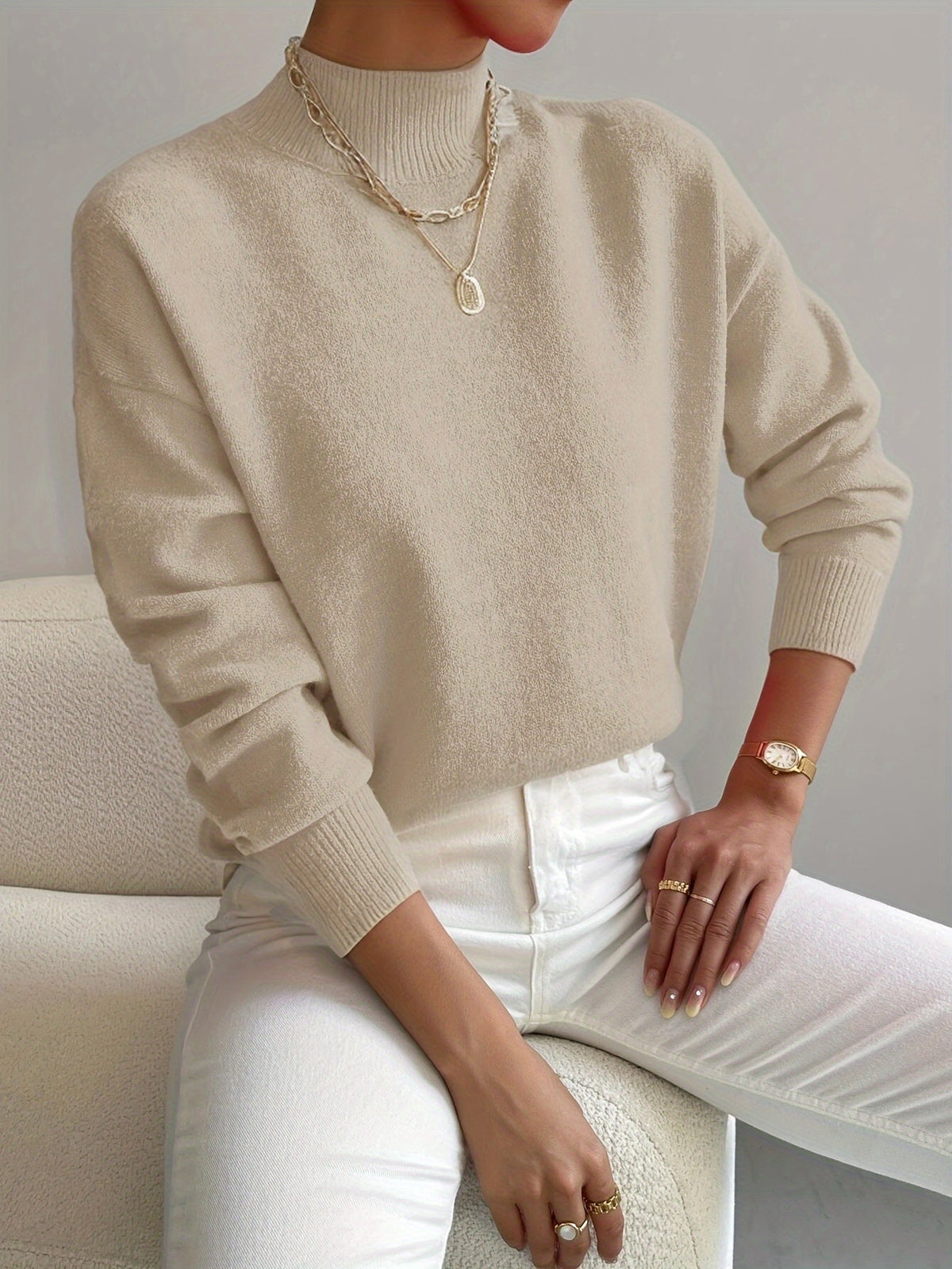 Women's Relaxed Knit Sweater with Mock Neck and Ribbed Cuffs