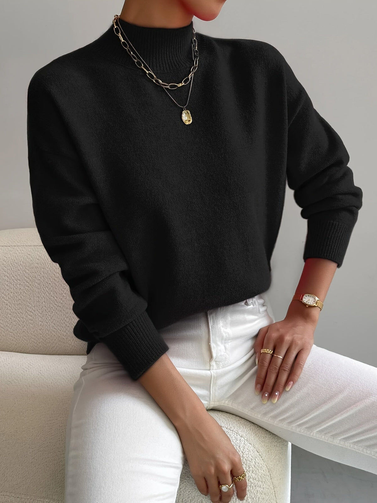 Women's Relaxed Knit Sweater with Mock Neck and Ribbed Cuffs
