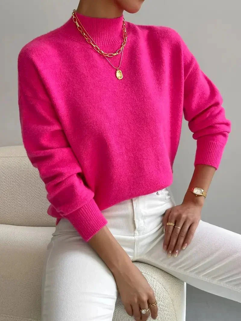 Women's Relaxed Knit Sweater with Mock Neck and Ribbed Cuffs