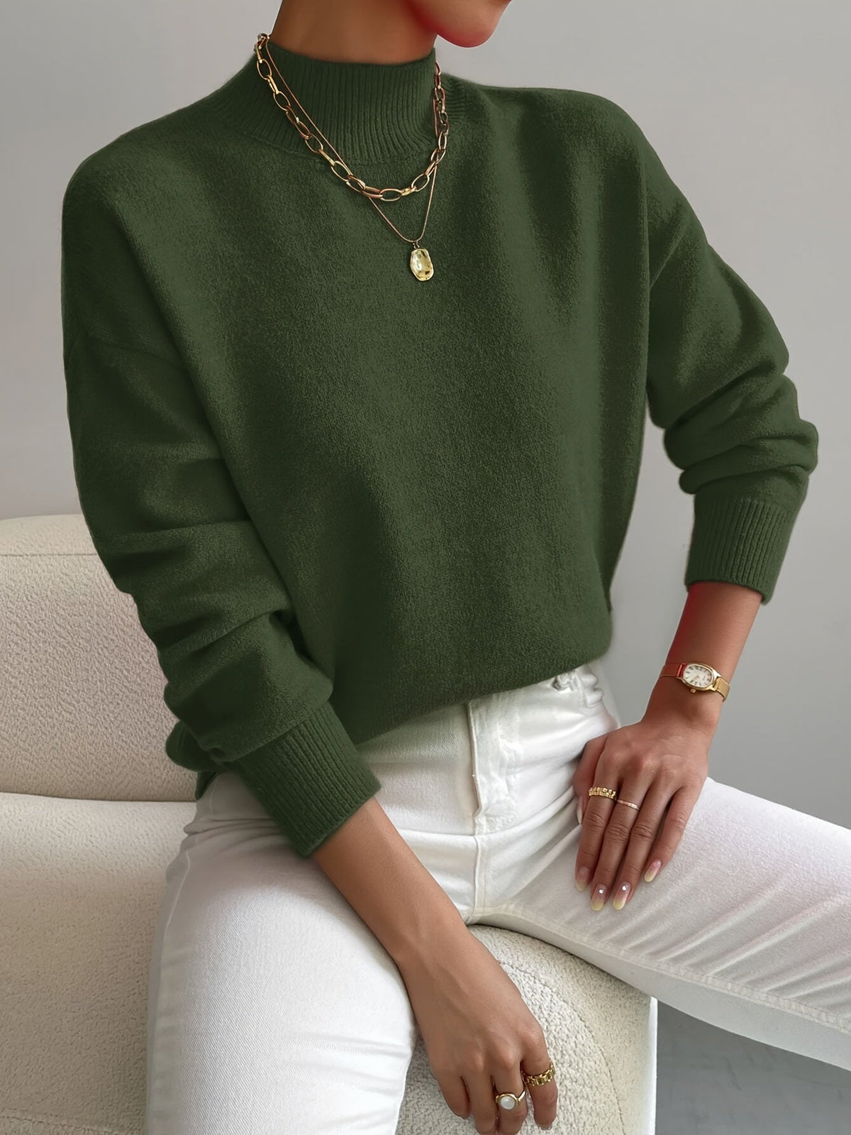Women's Relaxed Knit Sweater with Mock Neck and Ribbed Cuffs