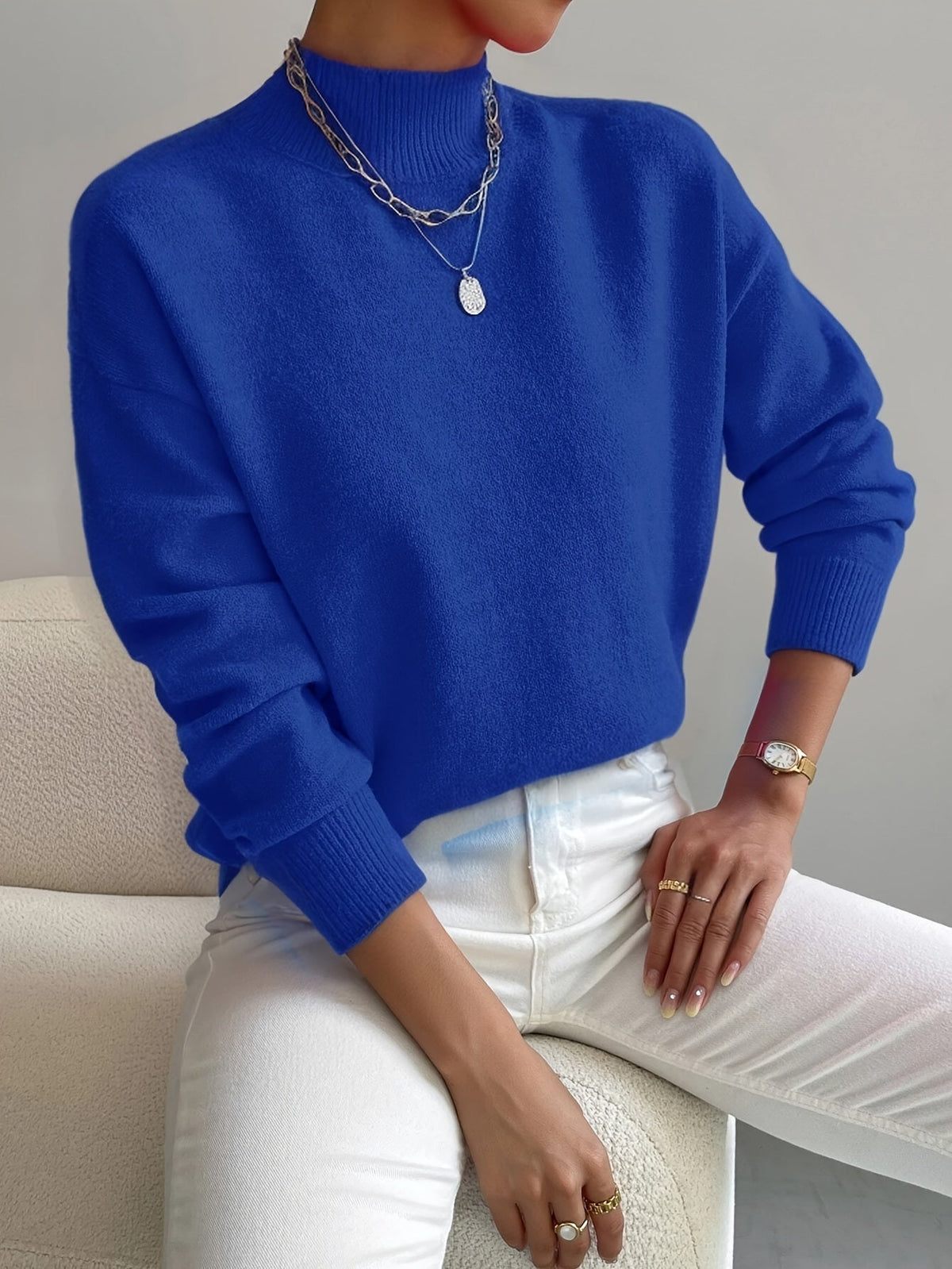 Women's Relaxed Knit Sweater with Mock Neck and Ribbed Cuffs
