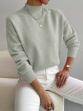 Women's Relaxed Knit Sweater with Mock Neck and Ribbed Cuffs