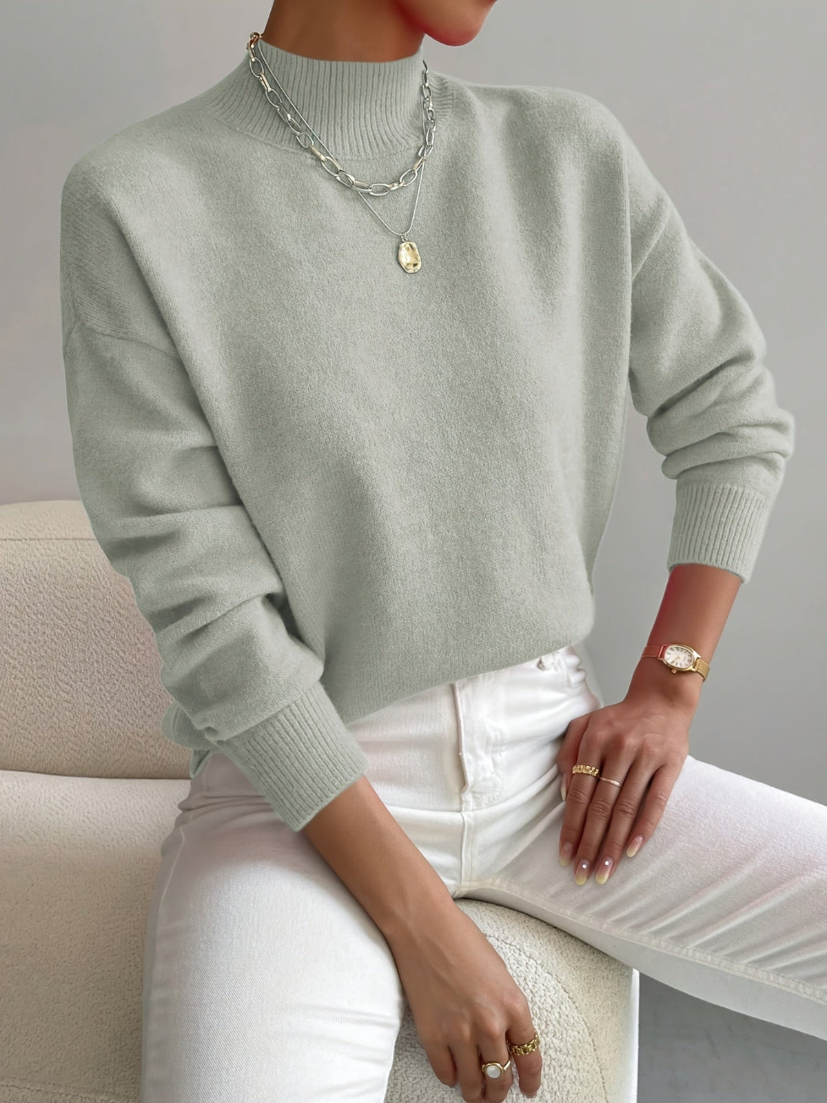 Women's Relaxed Knit Sweater with Mock Neck and Ribbed Cuffs