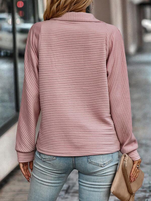 Women's Ribbed Half-Zip Sweatshirt with Stand Collar