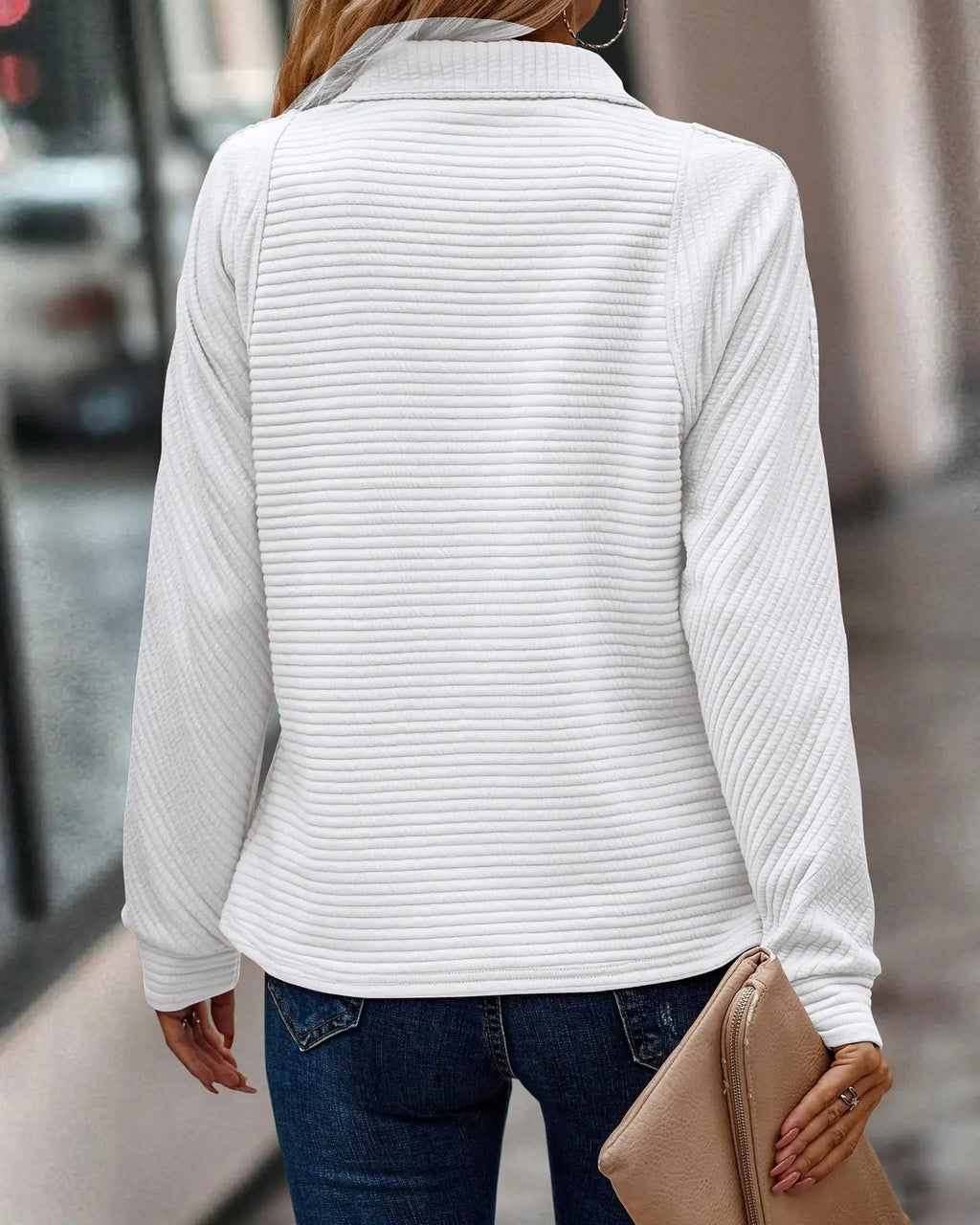 Women's Ribbed Half-Zip Sweatshirt with Stand Collar