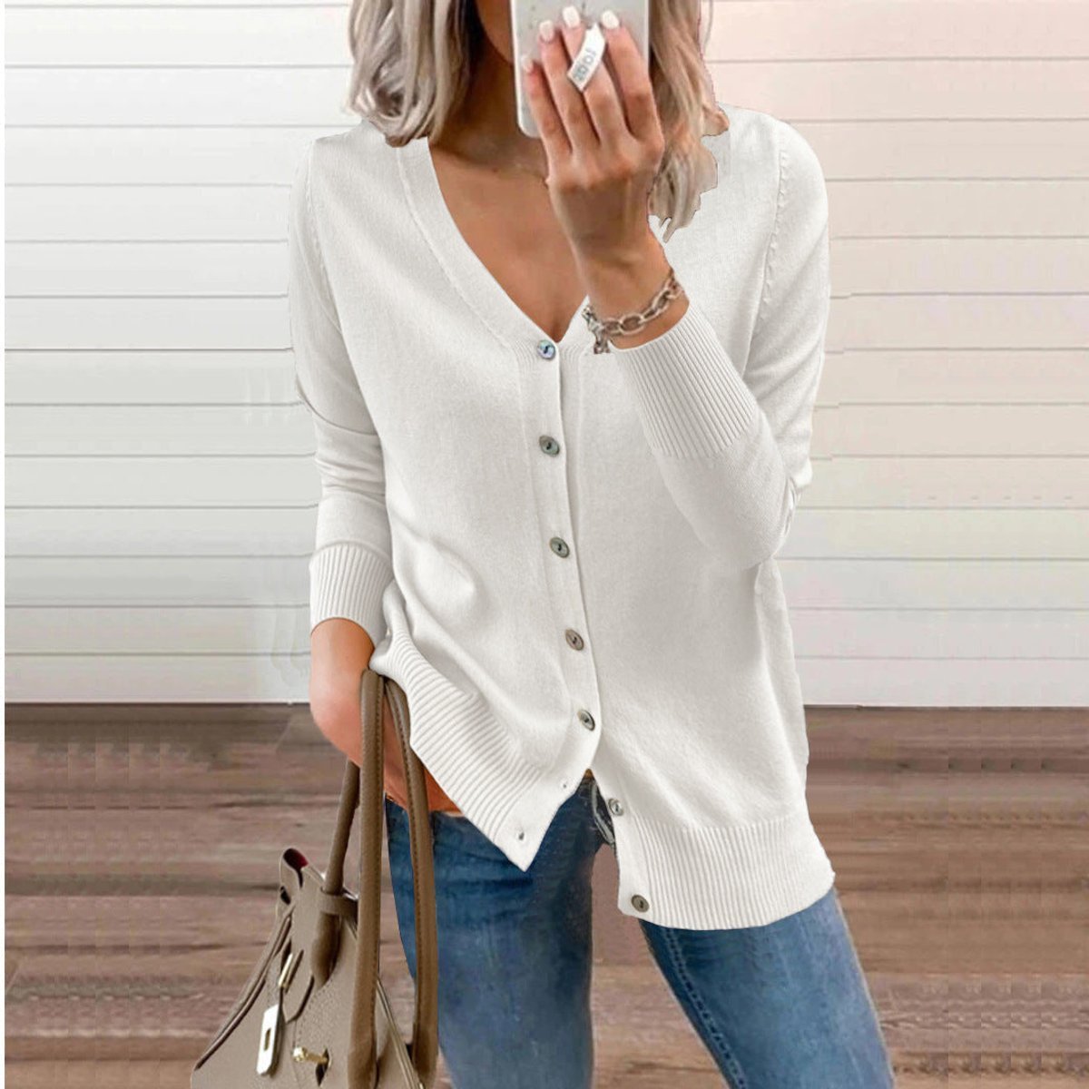 Women's Soft Knit Cardigan with V-Neckline and Ribbed Cuffs